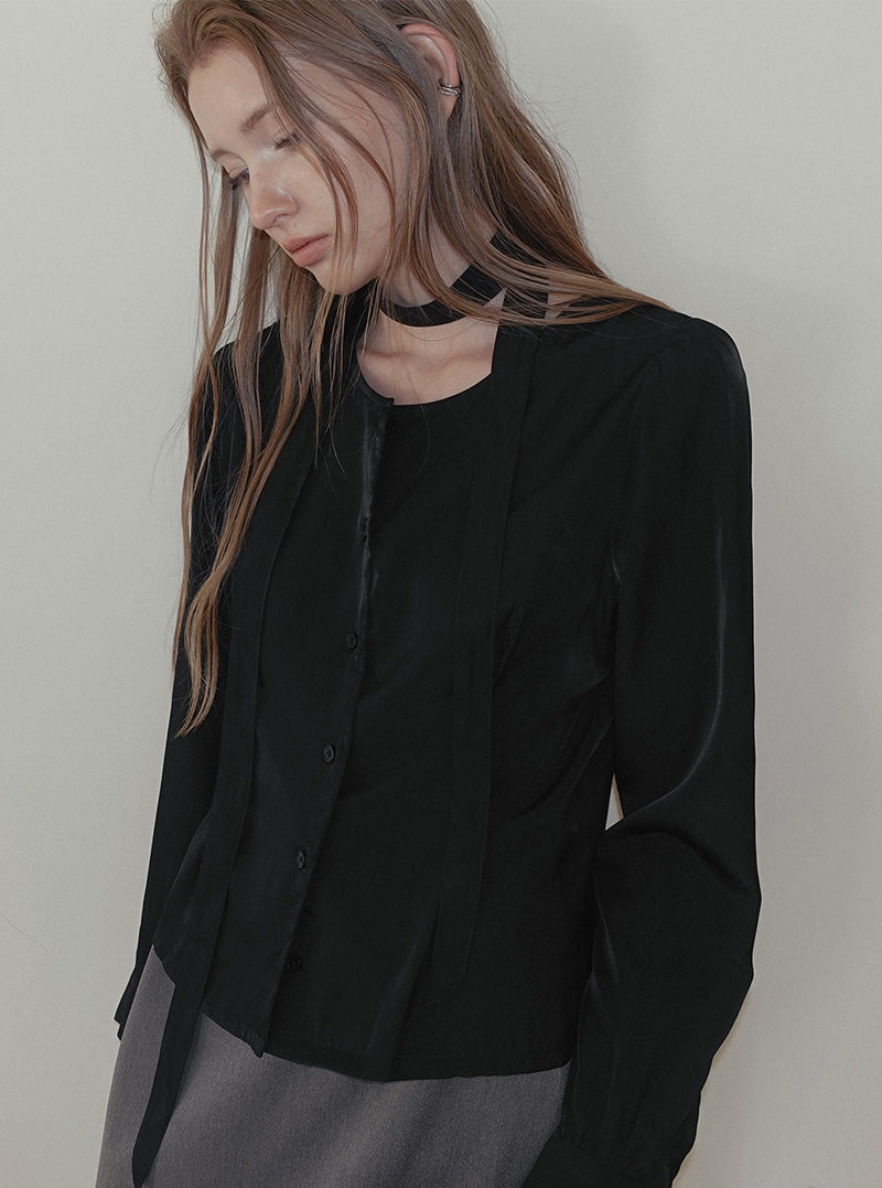 Binre pintuck round neck long sleeve blouse (strap set)