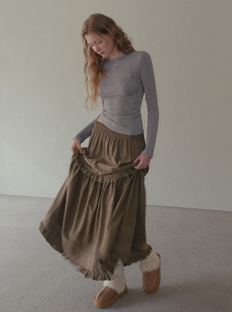 Ridil suede frill flare long skirt
