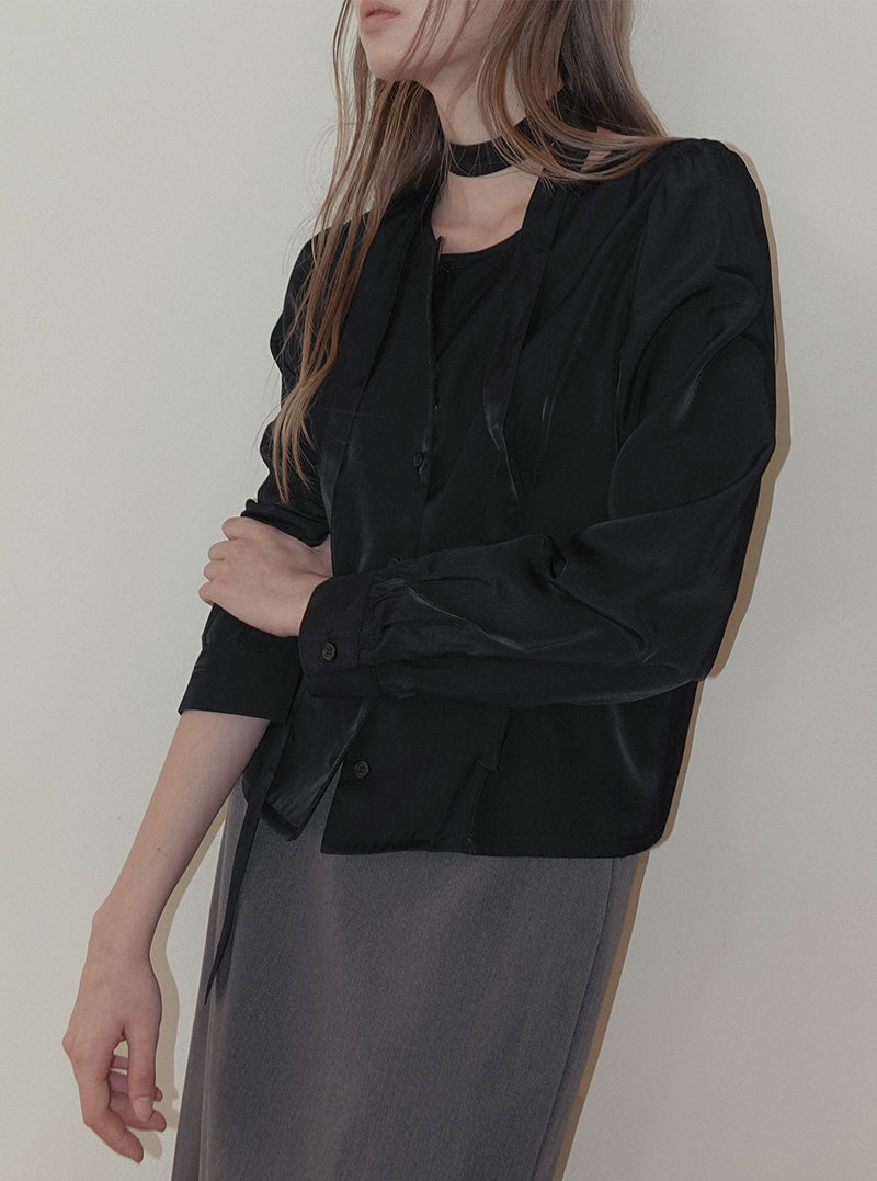 Binre pintuck round neck long sleeve blouse (strap set)