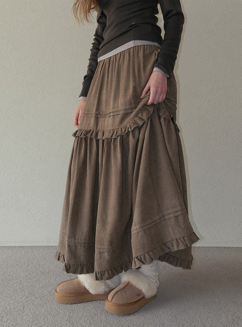 Ridil suede frill flare long skirt