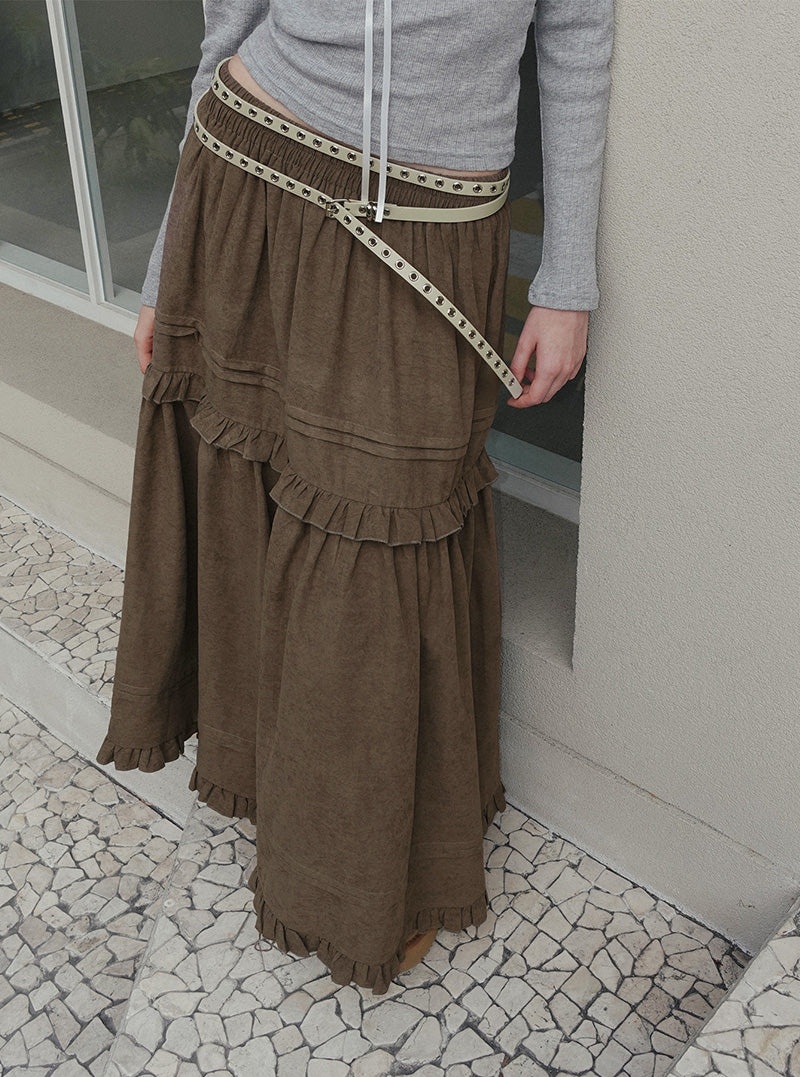 Ridil suede frill flare long skirt
