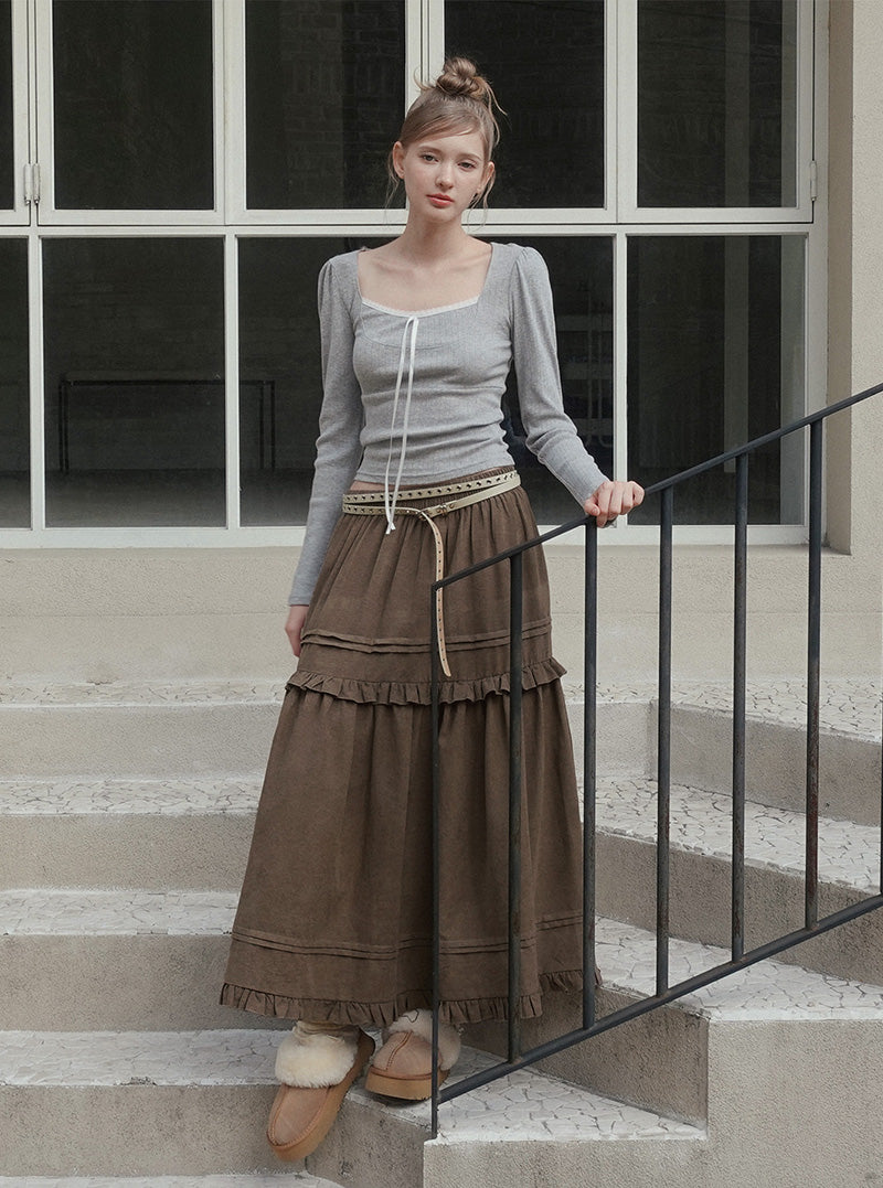 Ridil suede frill flare long skirt