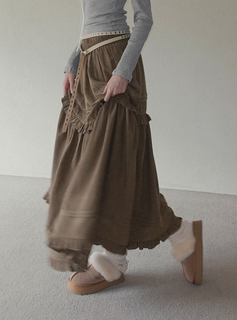 Ridil suede frill flare long skirt