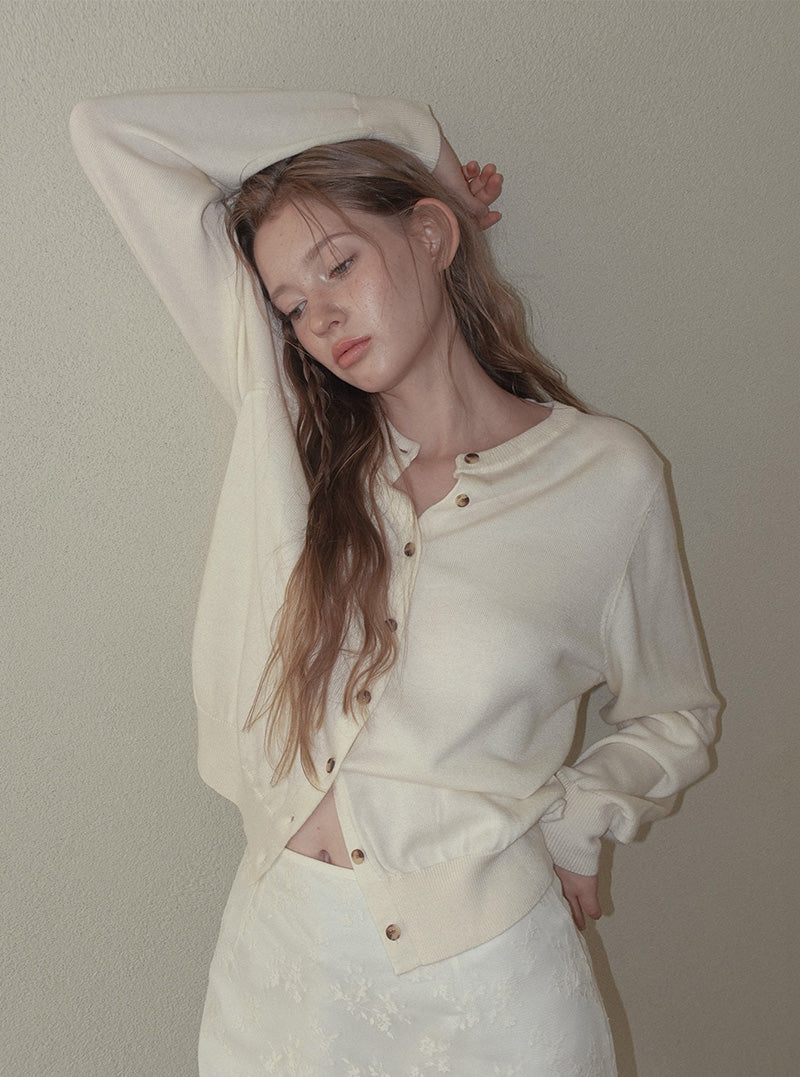 Ichen basic round neck knit long sleeve cardigan