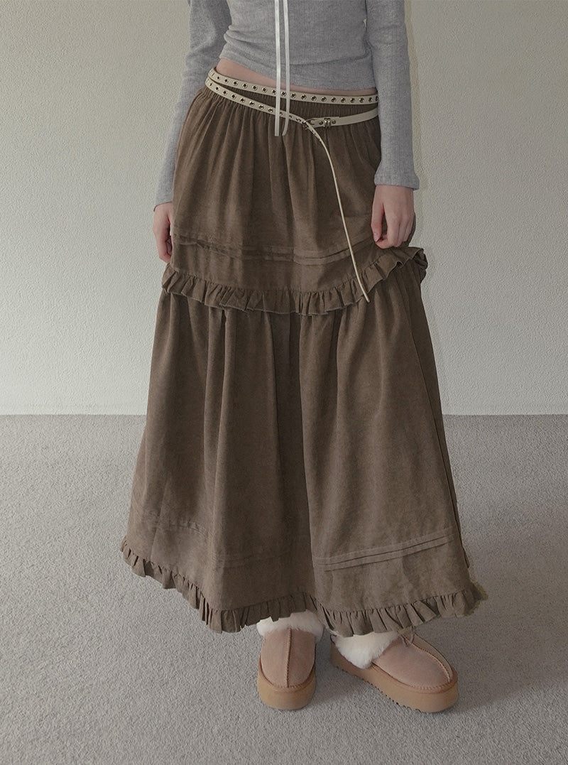 Ridil suede frill flare long skirt