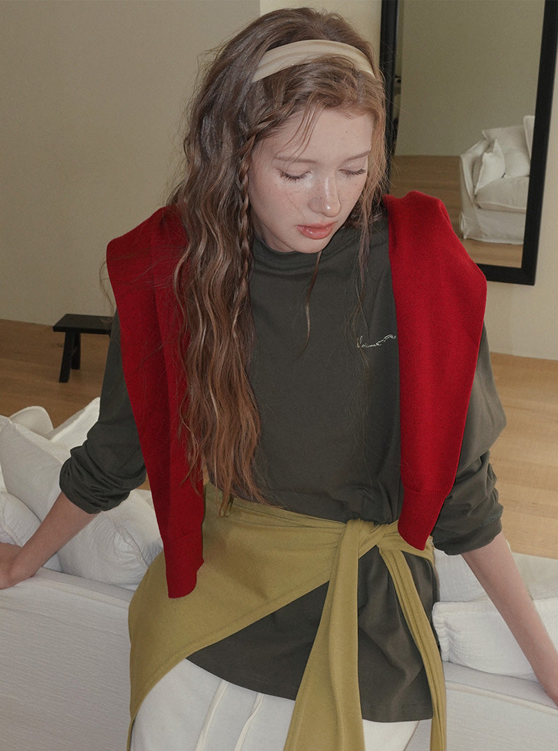Ichen basic round neck knit long sleeve cardigan