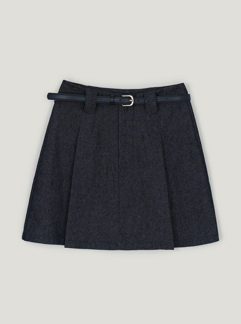 Sena belt pleated mini skirt | Dark blue cutout