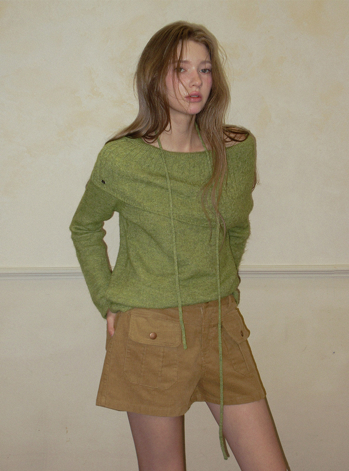 TWEE Ritun patterned off-shoulder long sleeve knit (strap set) | Product styling view 3