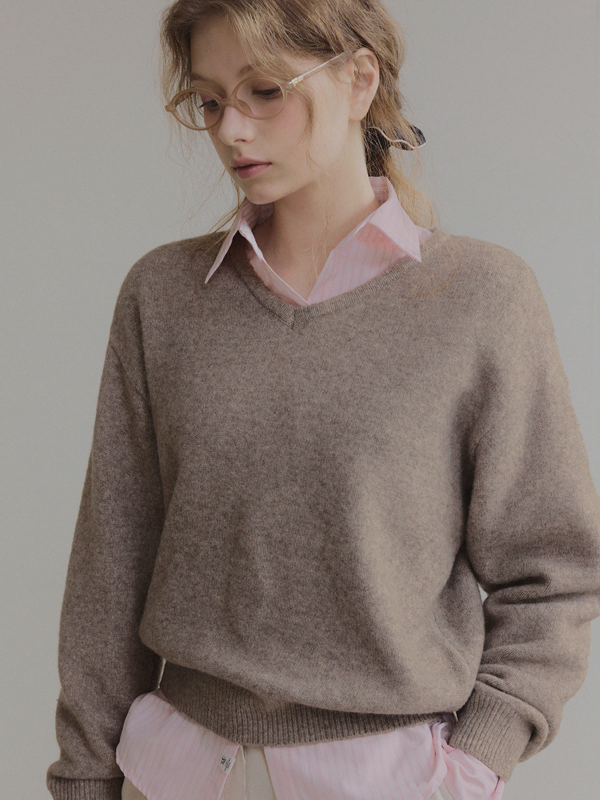 Twill Basic V-Neck Long Sleeve Knit