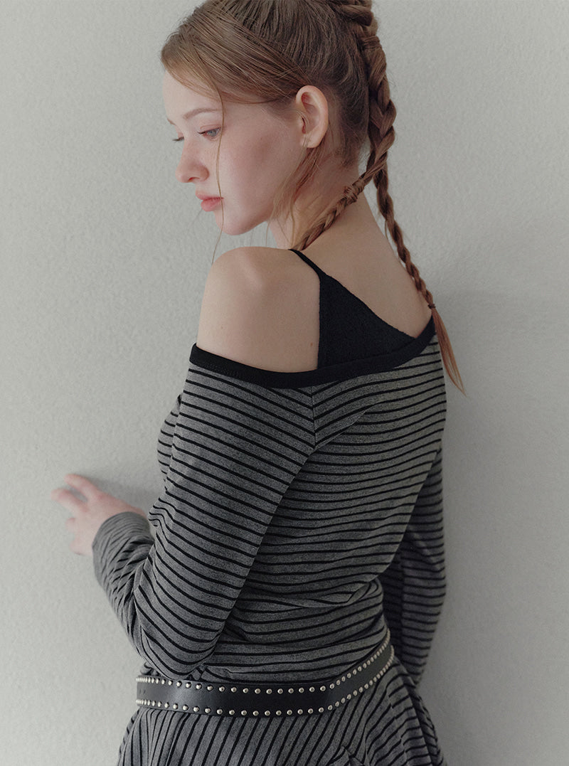 Billud one-shoulder stripe flare dress (belt set) | View 5