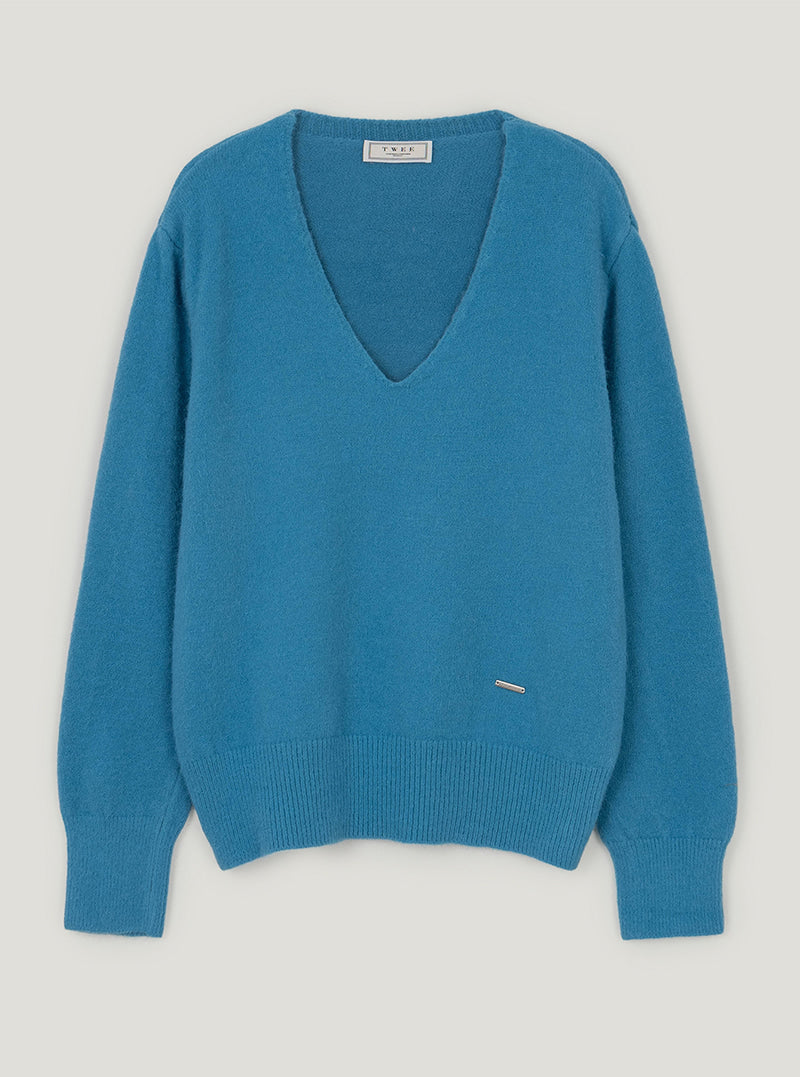 Cult V-neck vivid long sleeve knit | Blue green cutout
