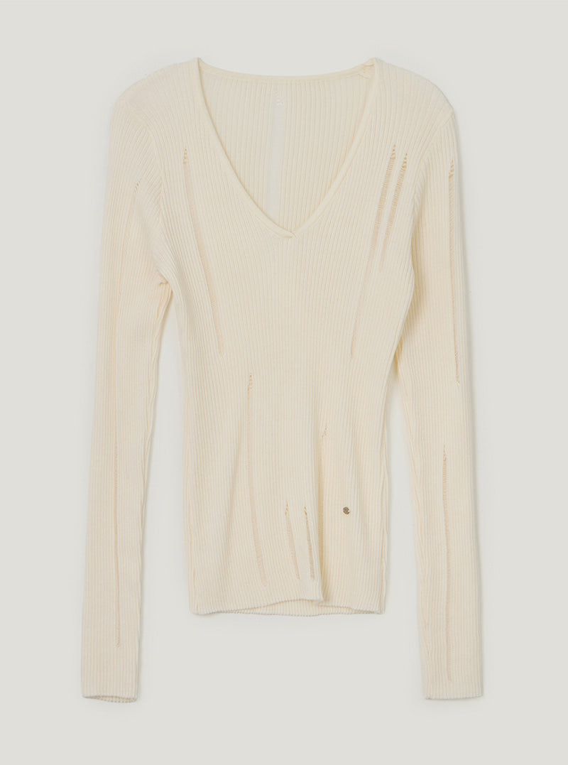 TWEE Peti vintage distressed V-neck long sleeve knit | Ivory product-only view