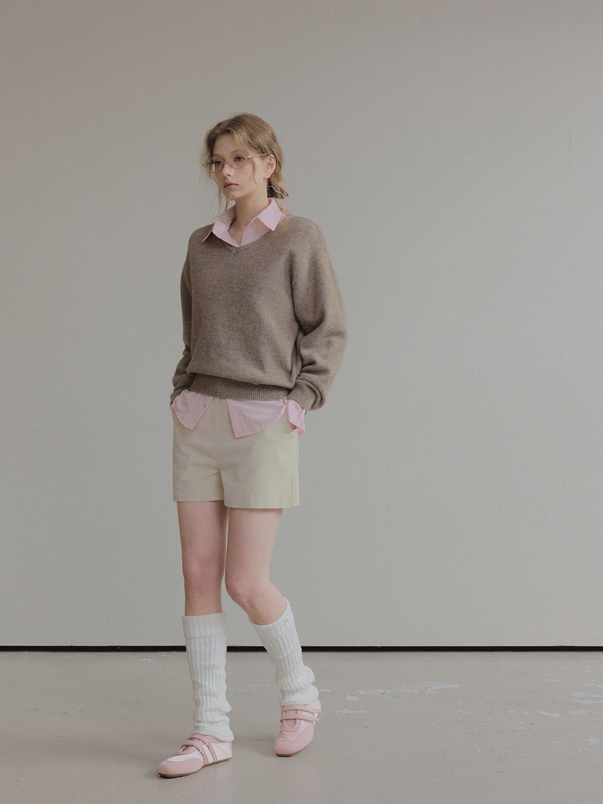 Twill Basic V-Neck Long Sleeve Knit