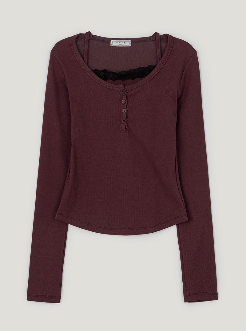 TWEE Martin lace contrast button long sleeve T-shirt | Burgundy product-only view