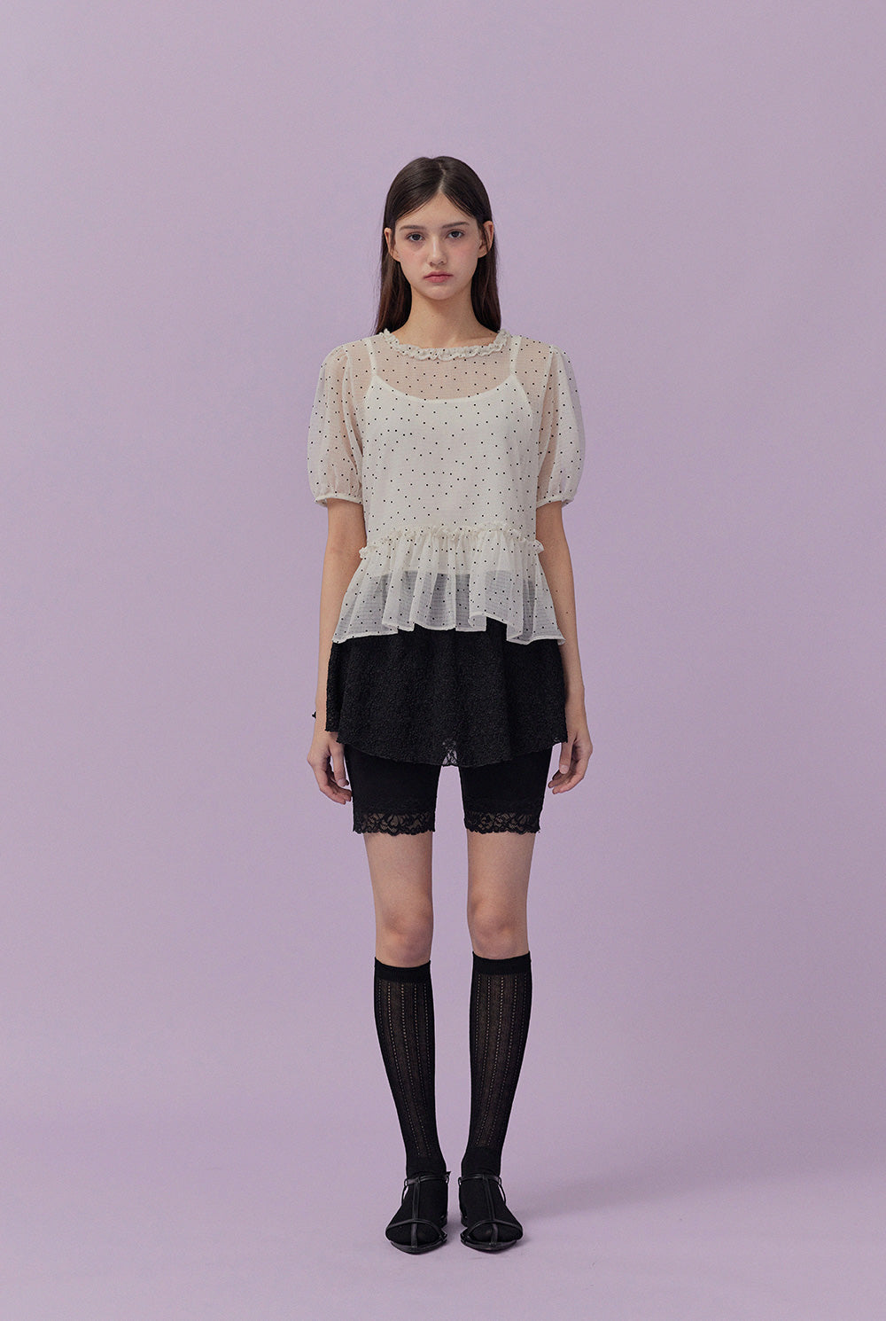 Belle Dot Sheer Flare Sleeve Blouse