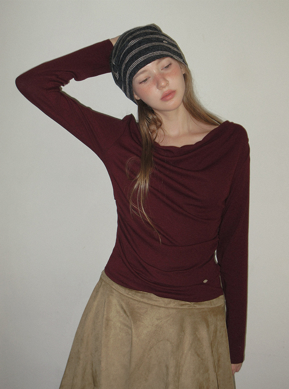 TWEE Bollin drape back slit long sleeve T-shirt | Product styling view 3