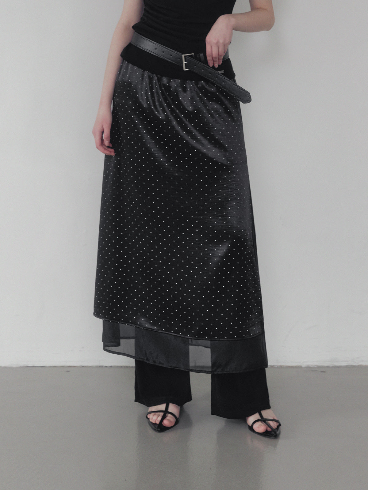 Purd dot layered banding long skirt