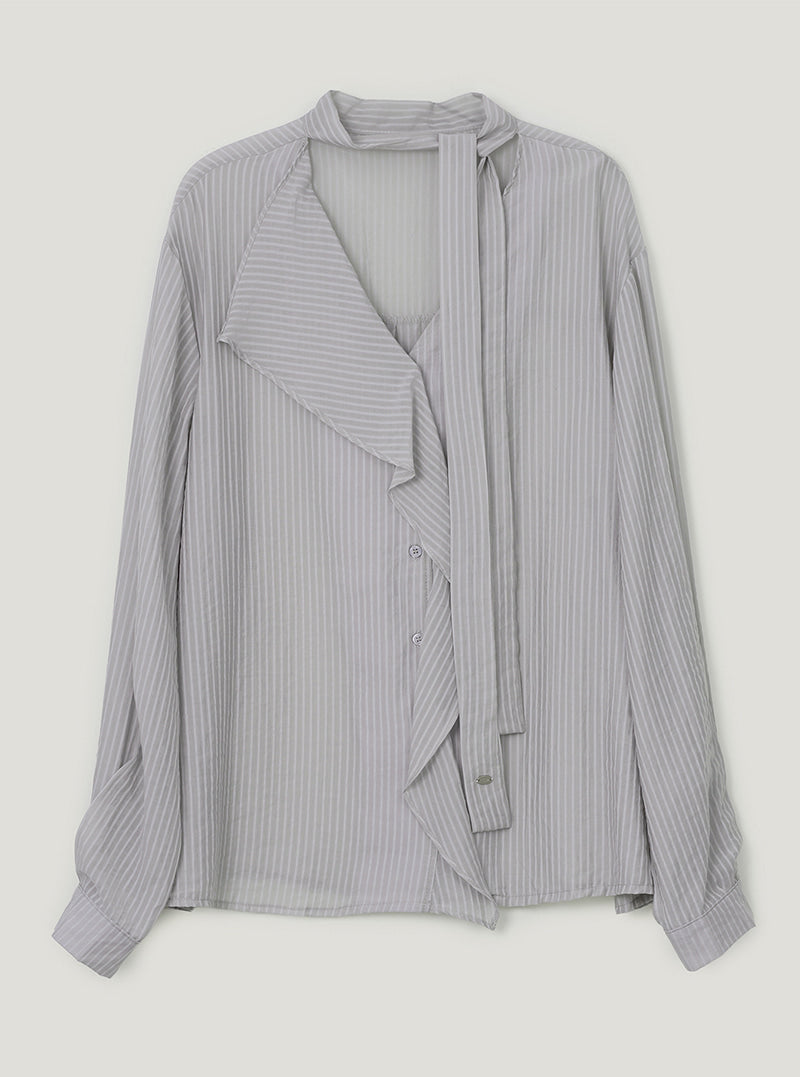 TWEE Kesi frill stripe strap long sleeve blouse | Light gray product-only view