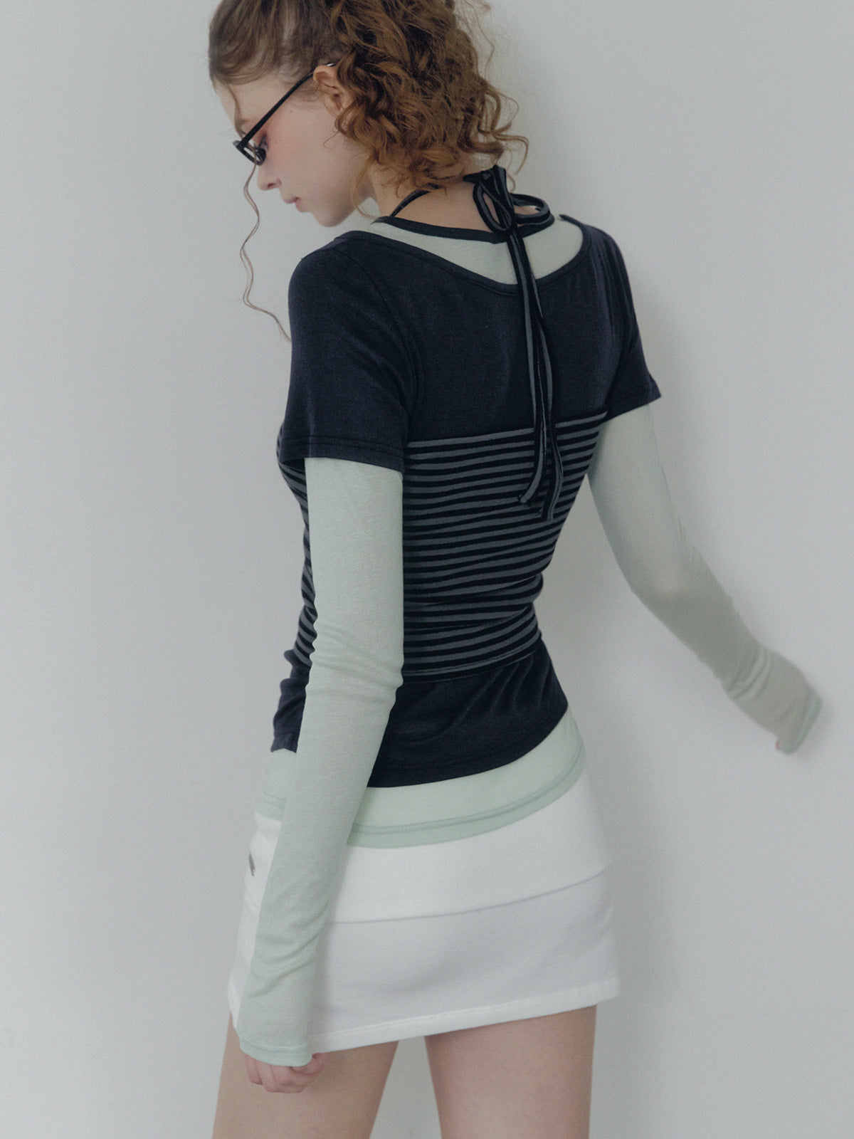 Lett contrast layered shirring long sleeve t-shirt