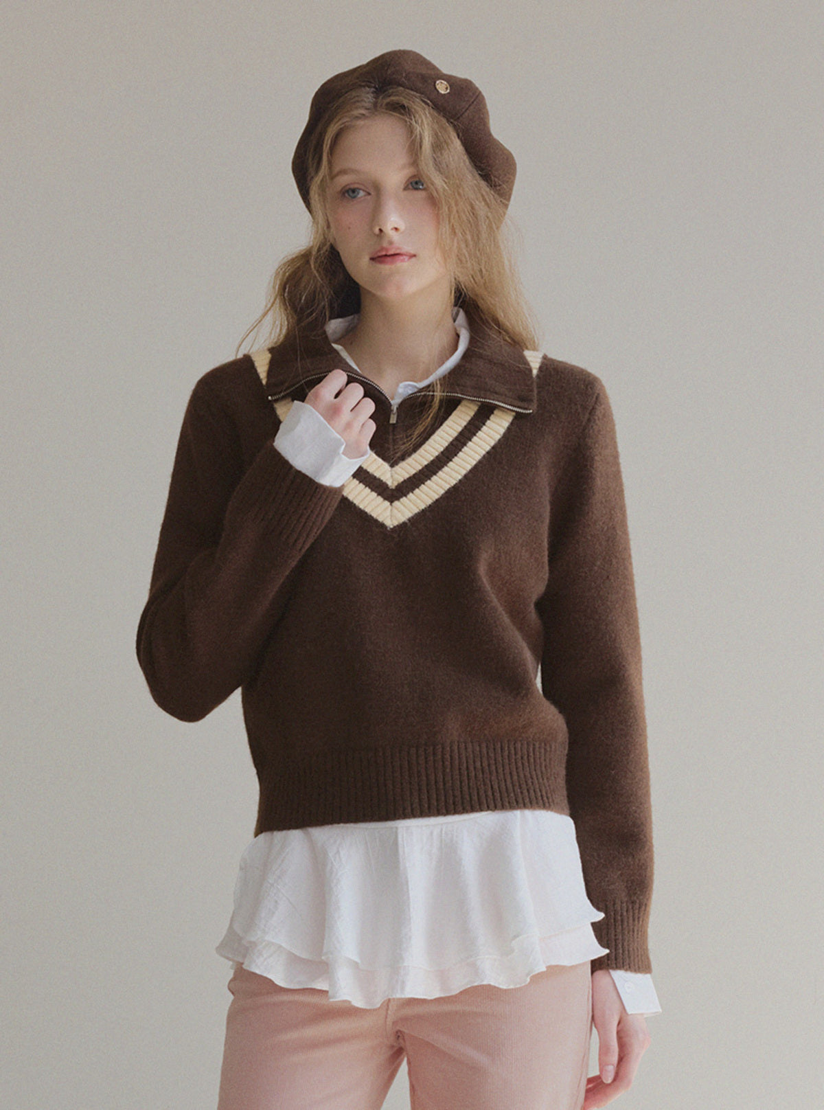Mir Contrast High-Neck Half-Zip Knit