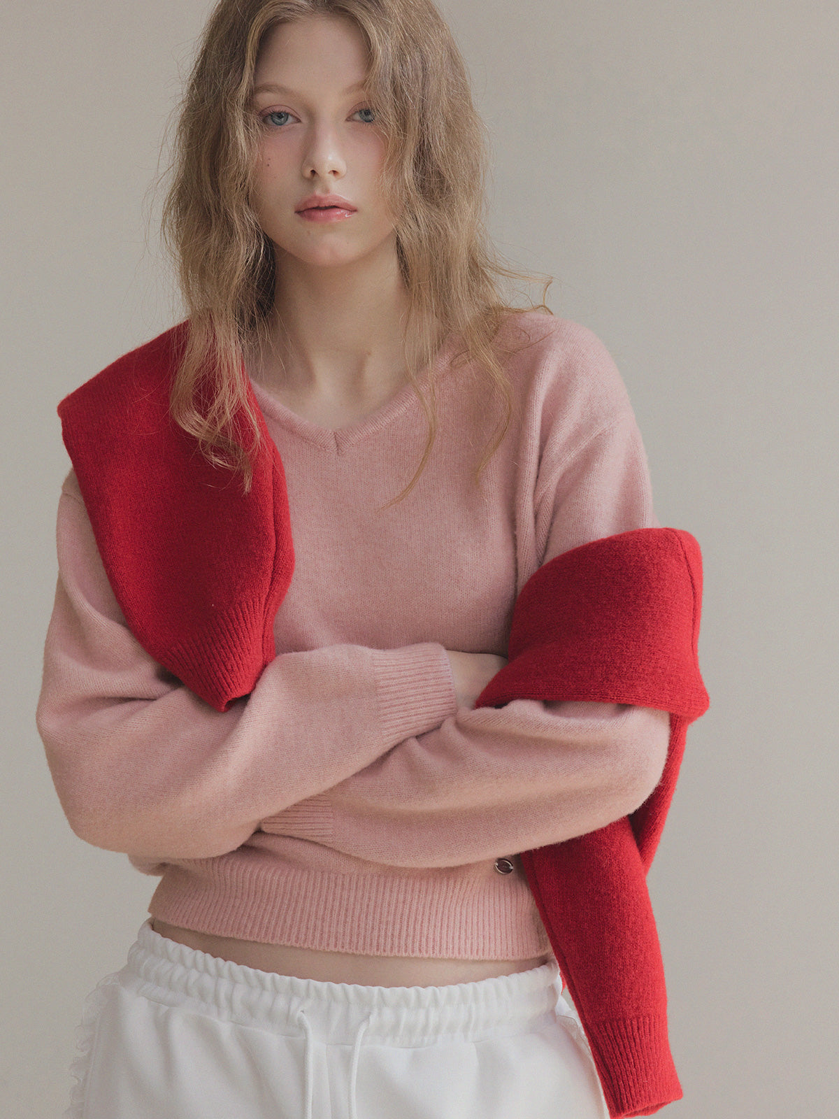 Twill Basic V-Neck Long Sleeve Knit