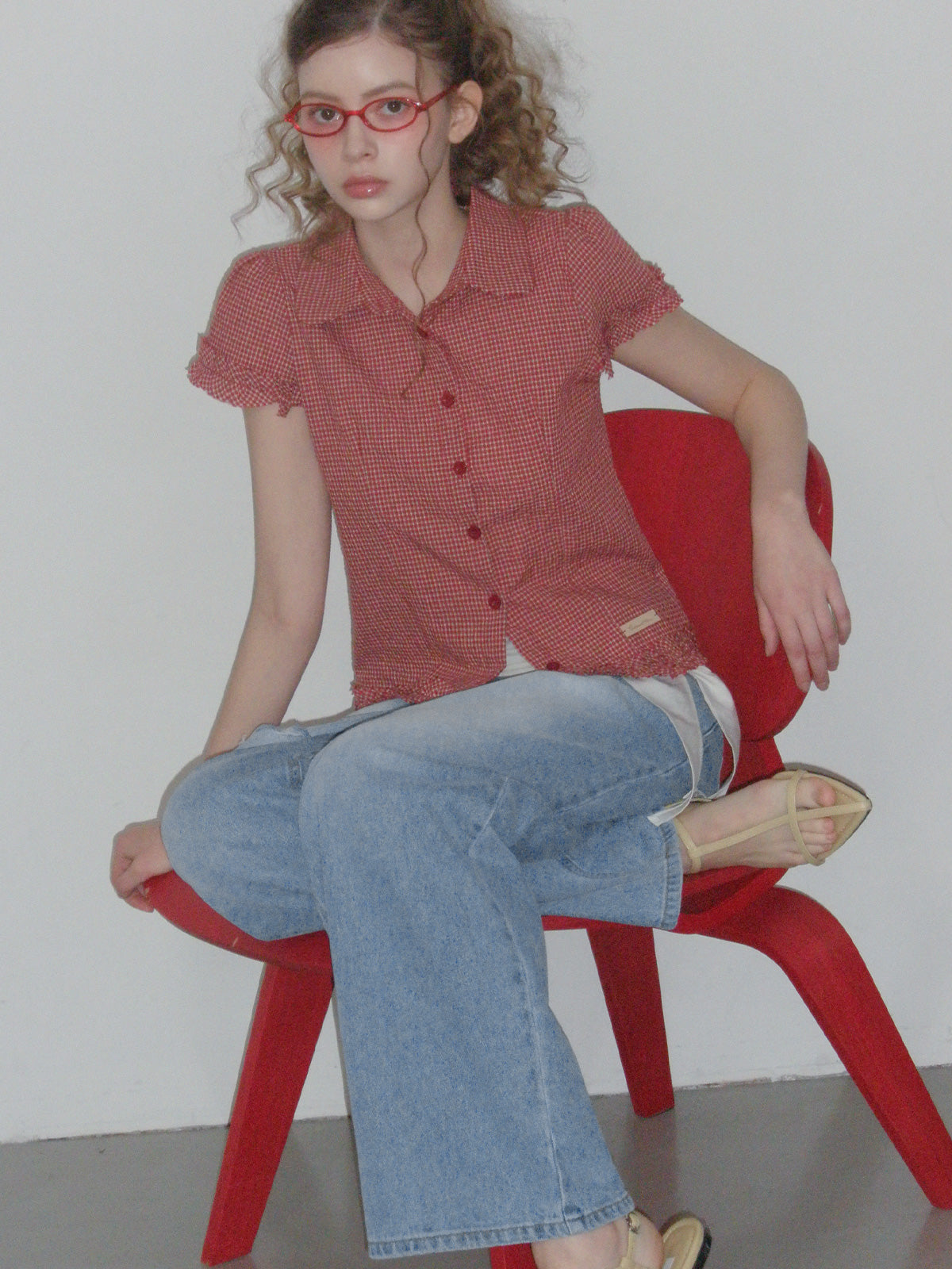 Roel check frill short sleeve blouse