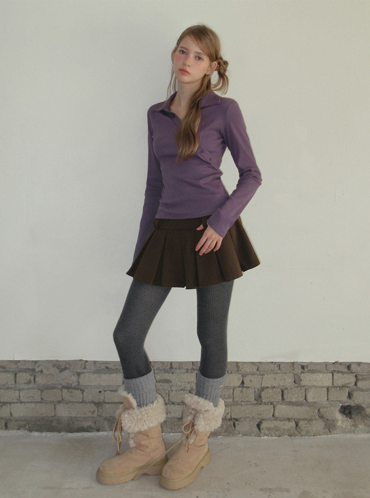 TWEE Normal diagonal button collar long sleeve T-shirt | Product styling view 6