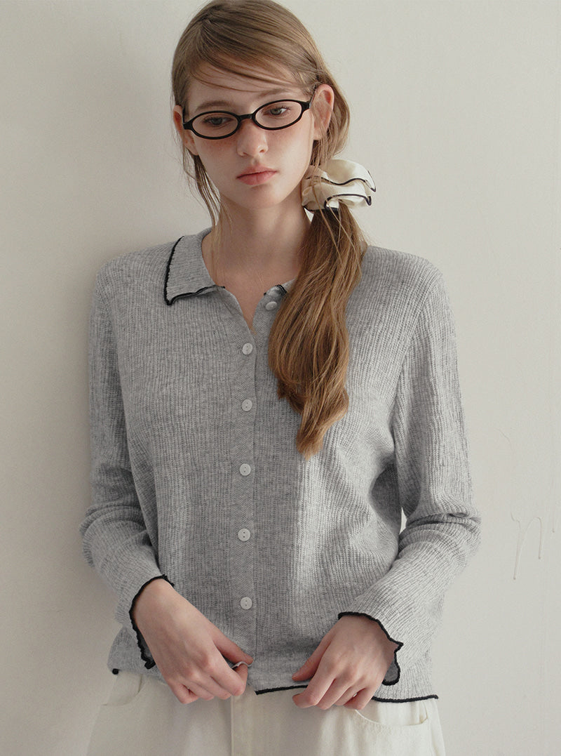 TWEE Hale collar contrast knit long sleeve cardigan | Product styling view 3