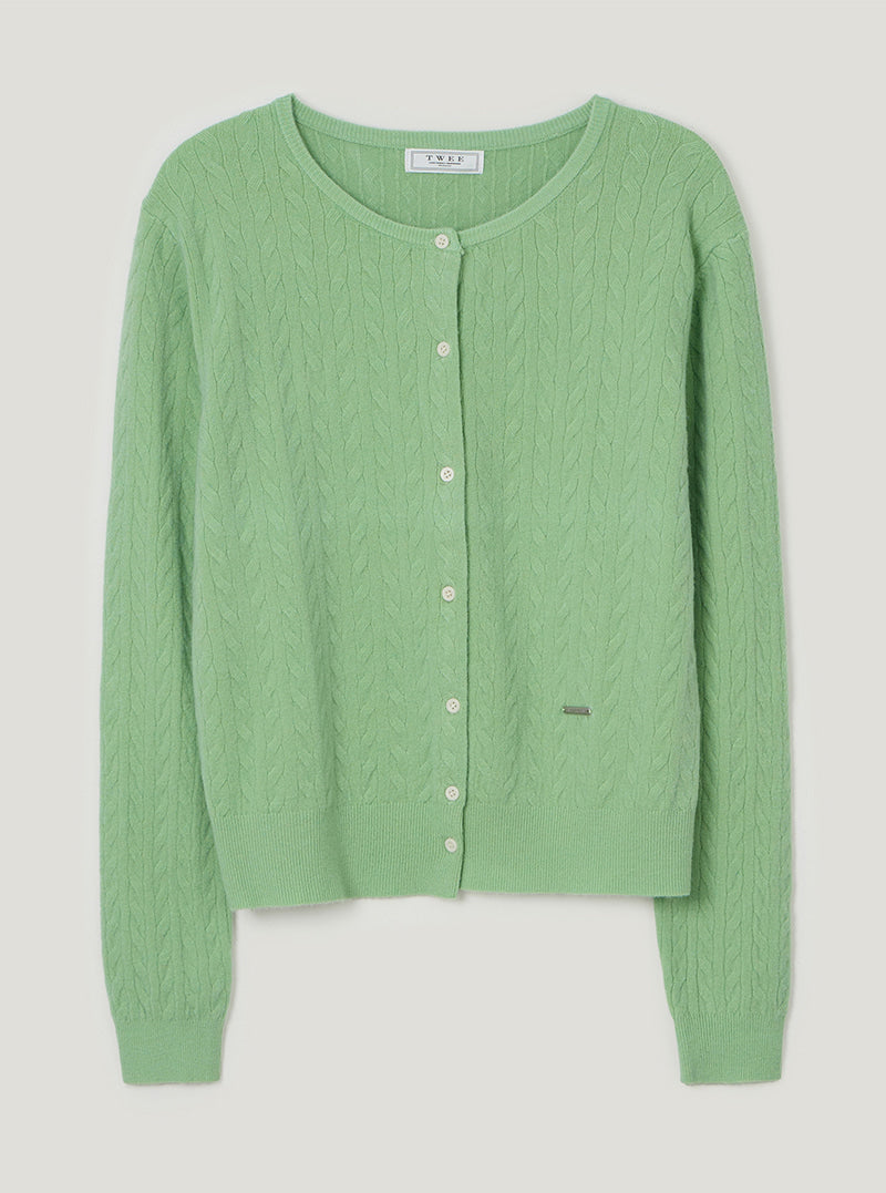 TWEE Itso cable round neck knit long sleeve cardigan | Mint product-only view