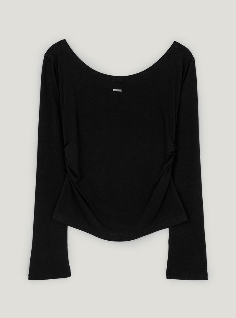 Theon shirring boat neck long sleeve T-shirt | Black cutout