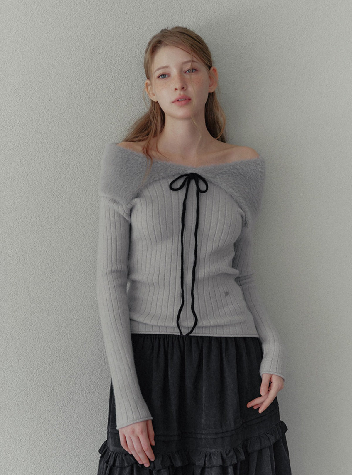 Bins fur contrast off-shoulder strap long sleeve knit | Main