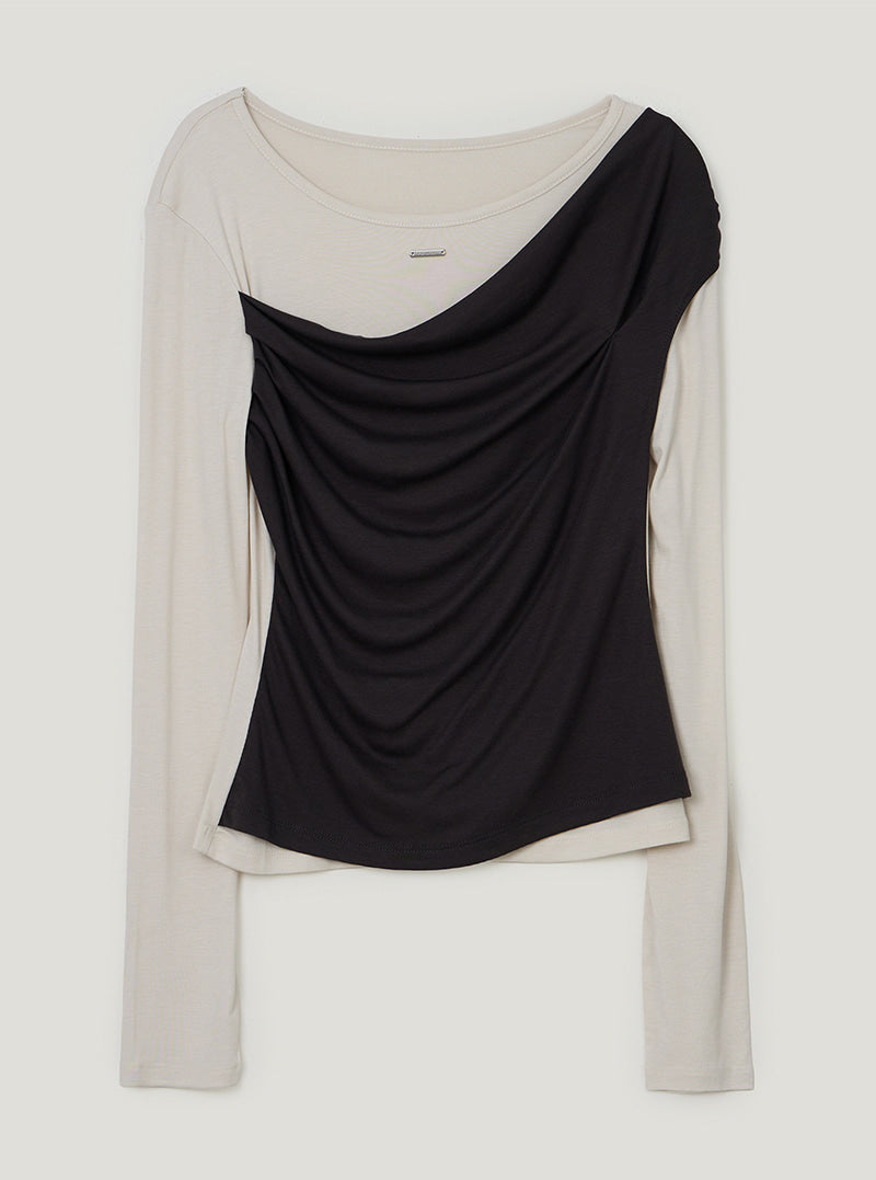 TWEE Muen asymmetric shoulder layered long sleeve T-shirt | Charcoal product-only view