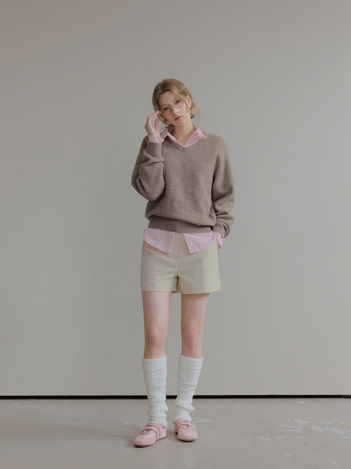 Twill Basic V-Neck Long Sleeve Knit