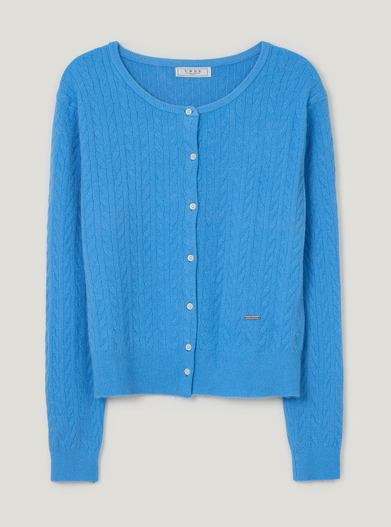 TWEE Itso cable round neck knit long sleeve cardigan | Blue product-only view