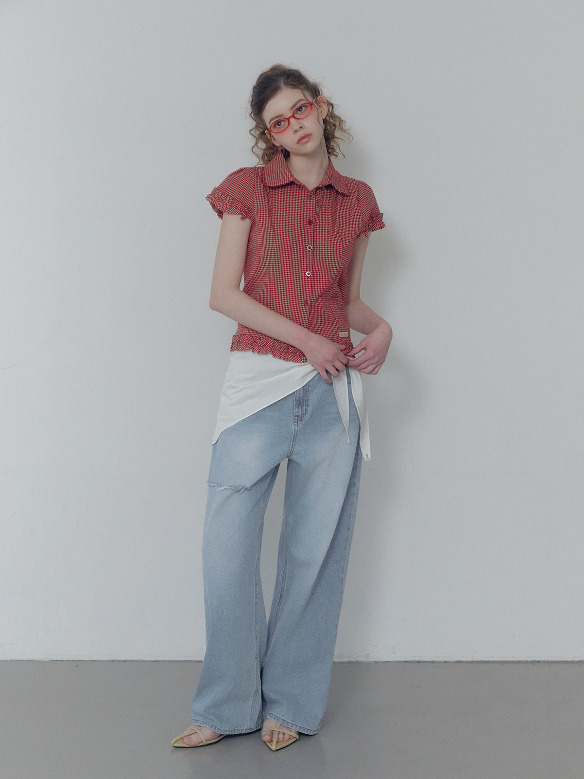 Roel check frill short sleeve blouse
