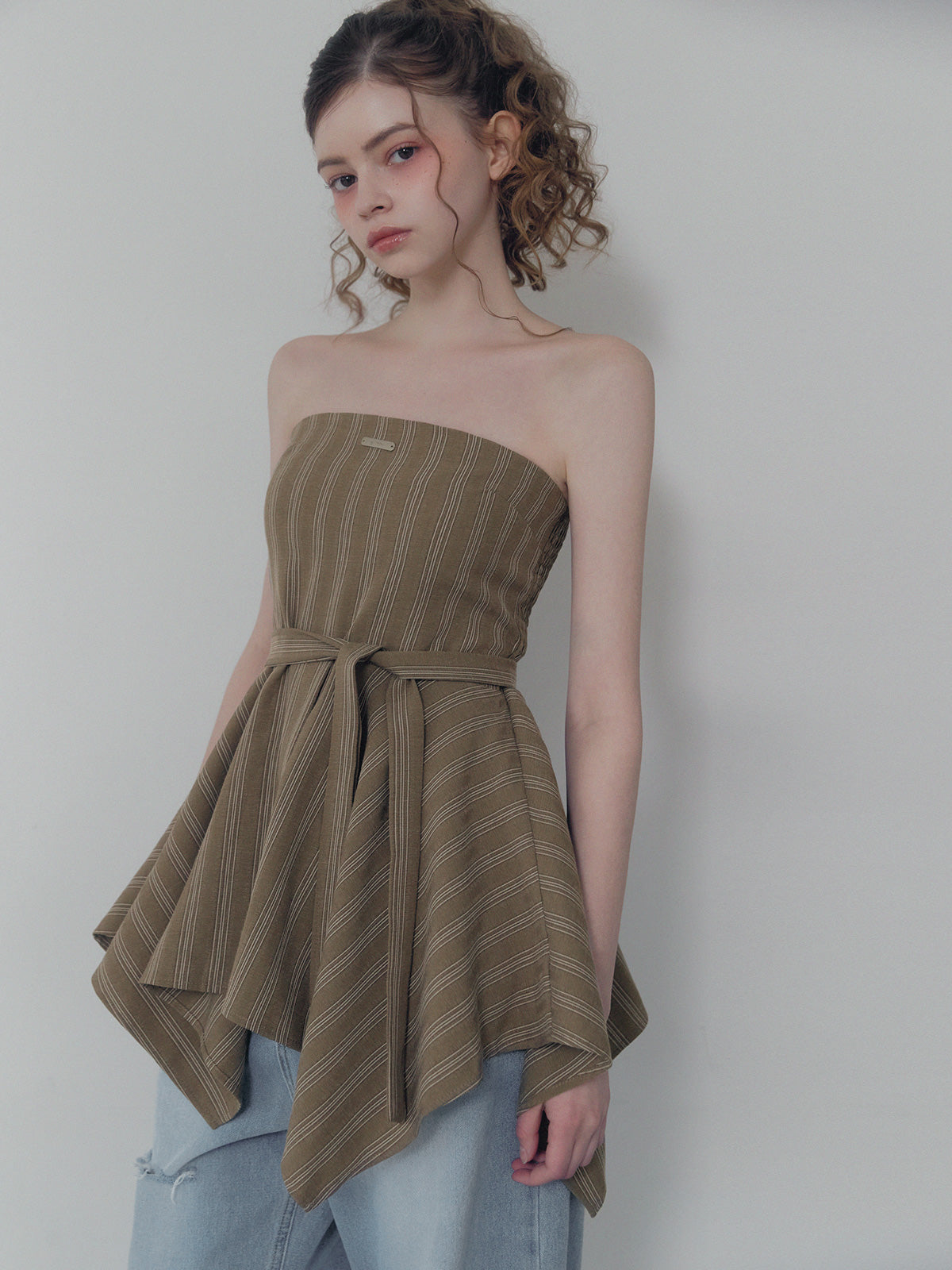 Heichi Stripe Asymmetric Tube Top(Strap Set)