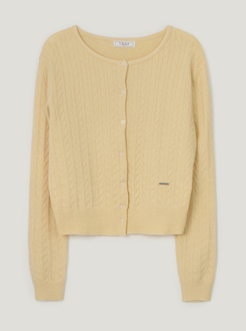 TWEE Itso cable round neck knit long sleeve cardigan | Lemon product-only view