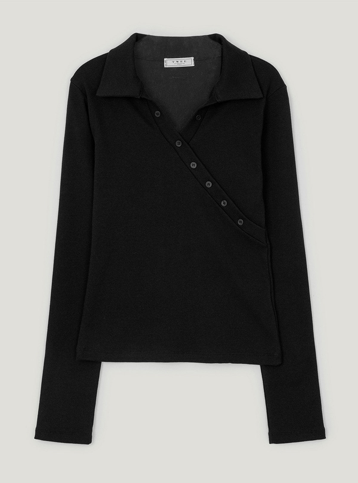 TWEE Normal diagonal button collar long sleeve T-shirt | Black product-only view