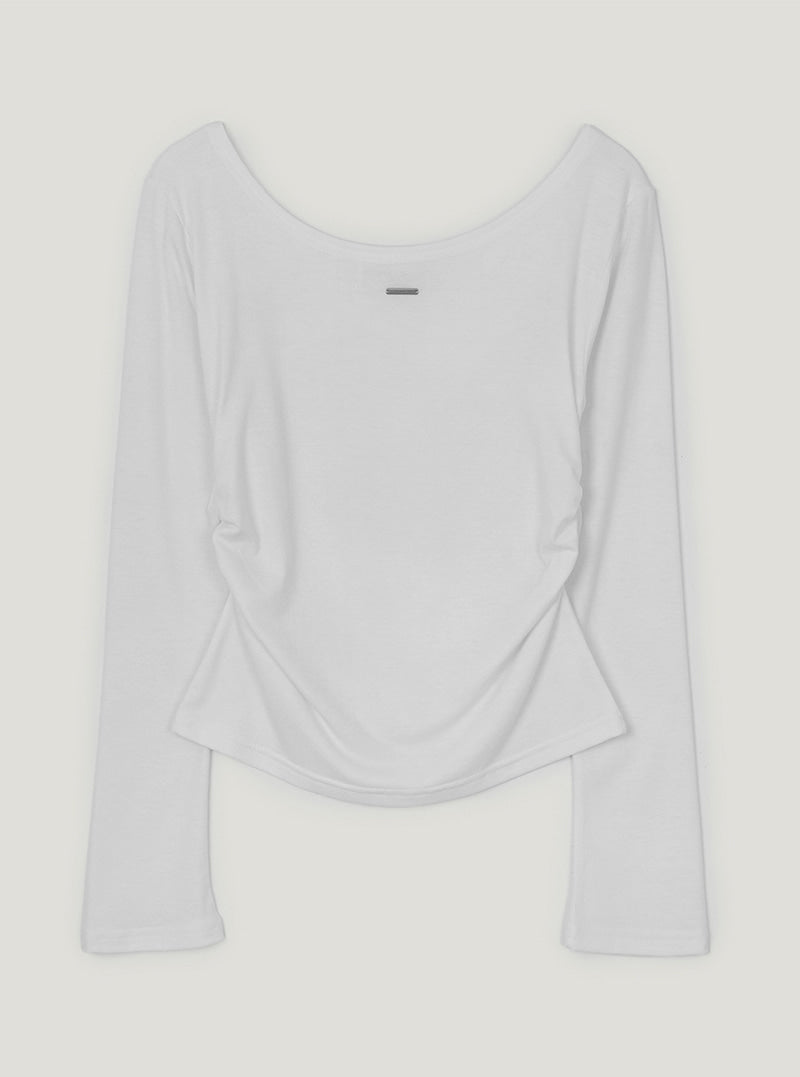 Theon shirring boat neck long sleeve T-shirt | Ivory cutout