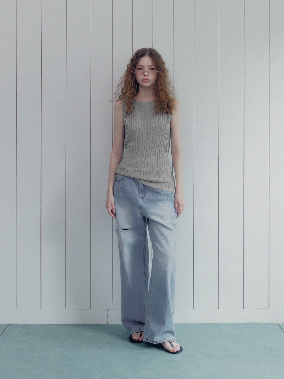 Ozen damage wide long denim pants
