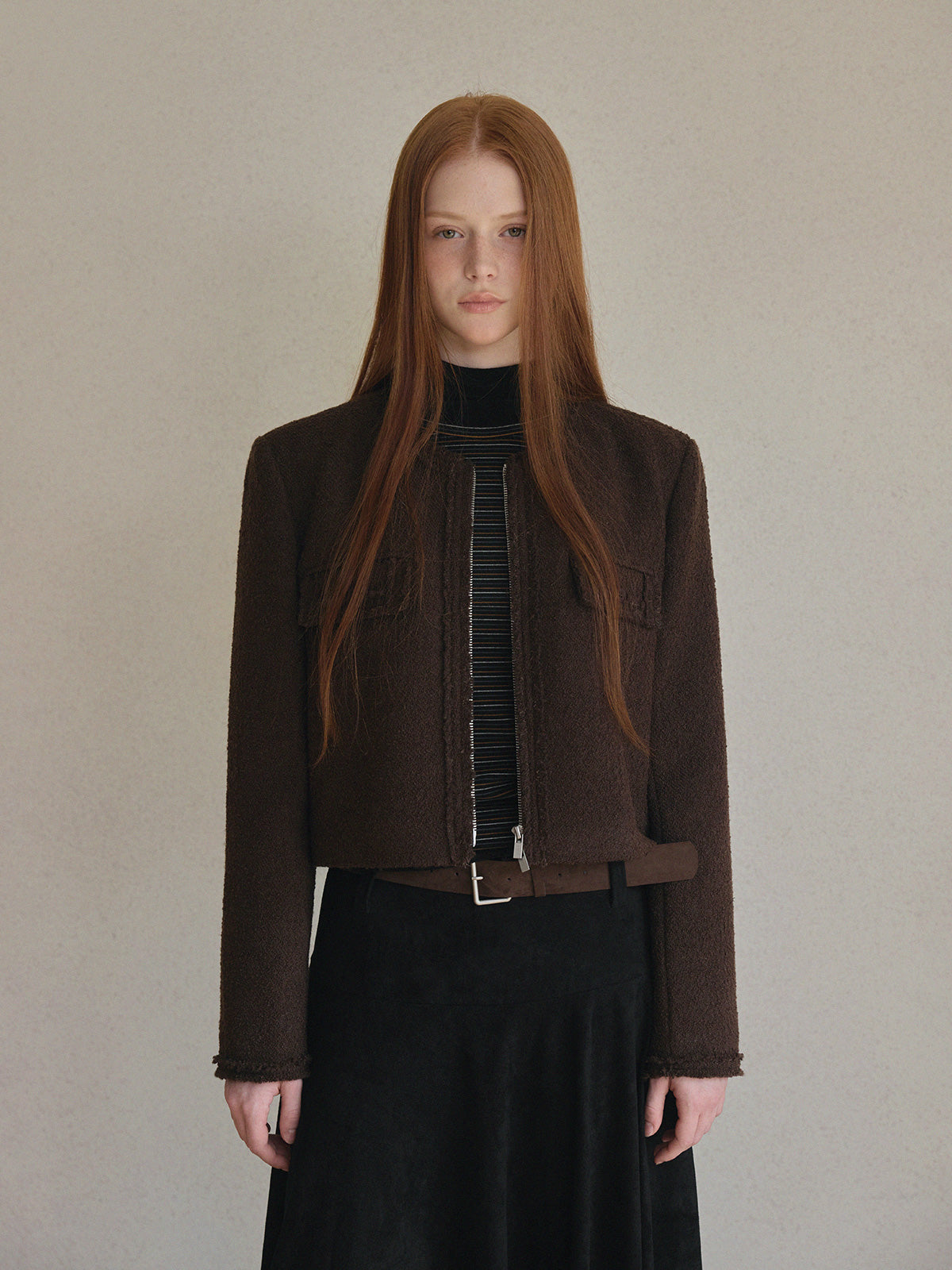 Ephons Zipper Crop Tweed Jacket