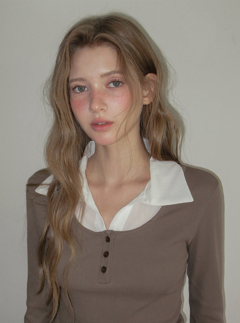 TWEE Keller contrast collar ribbed long sleeve T-shirt | Product styling view 5