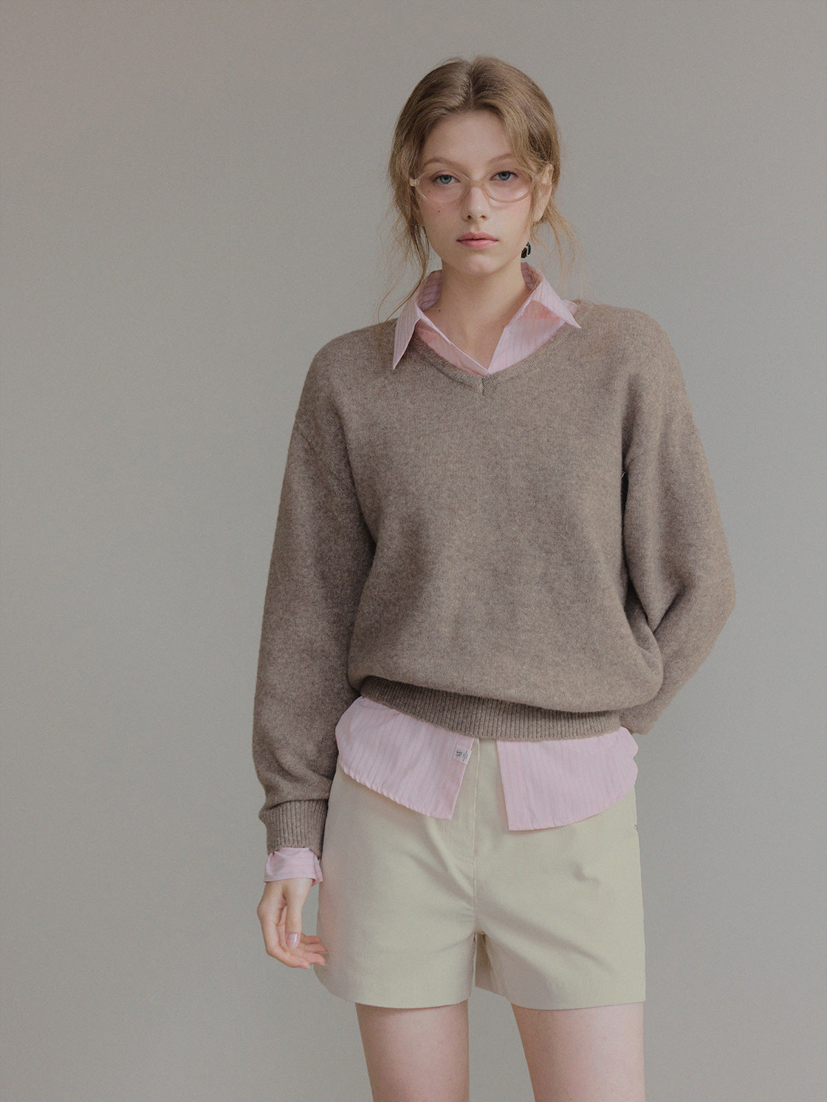 Twill Basic V-Neck Long Sleeve Knit