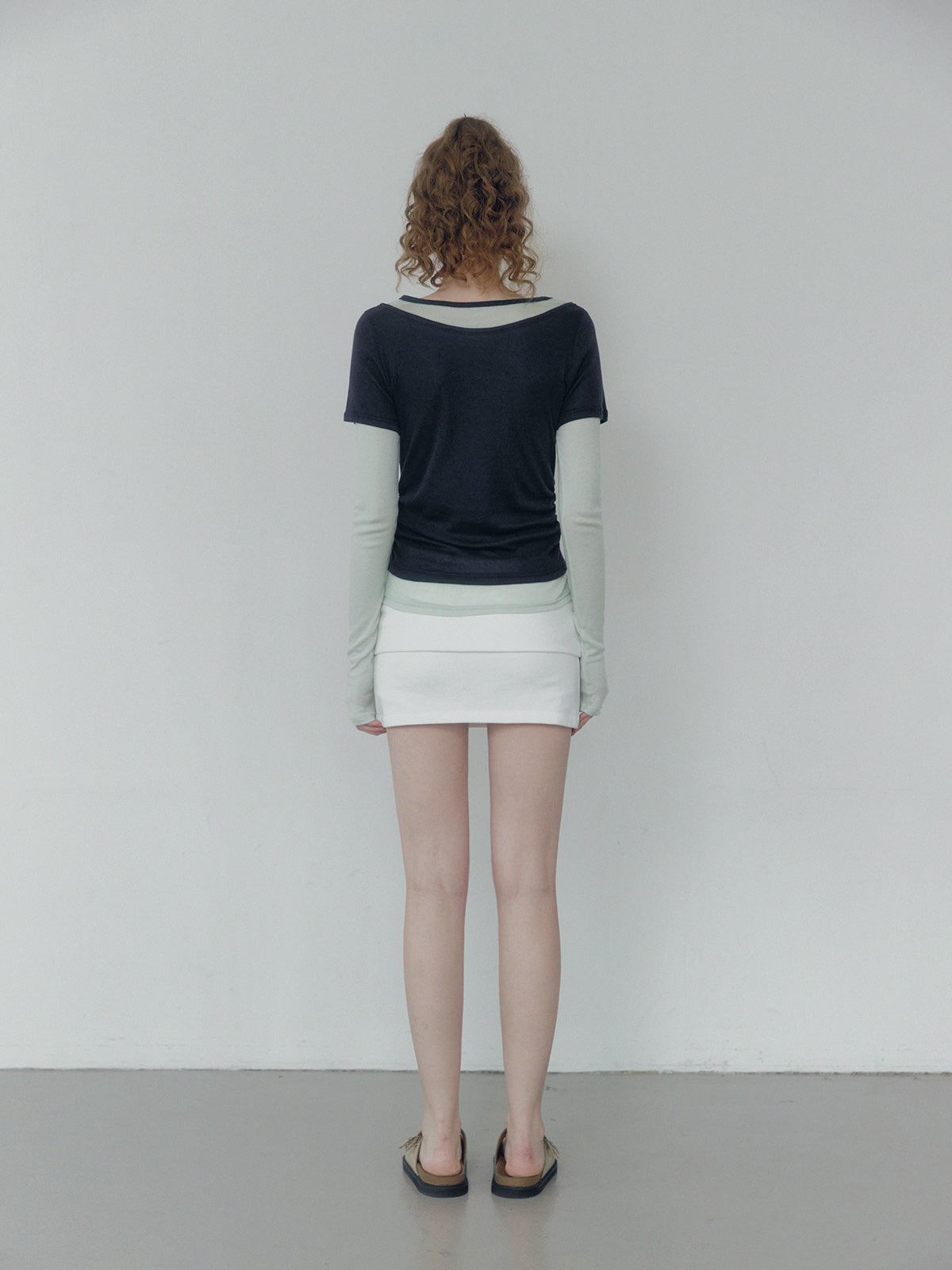 Lett contrast layered shirring long sleeve t-shirt