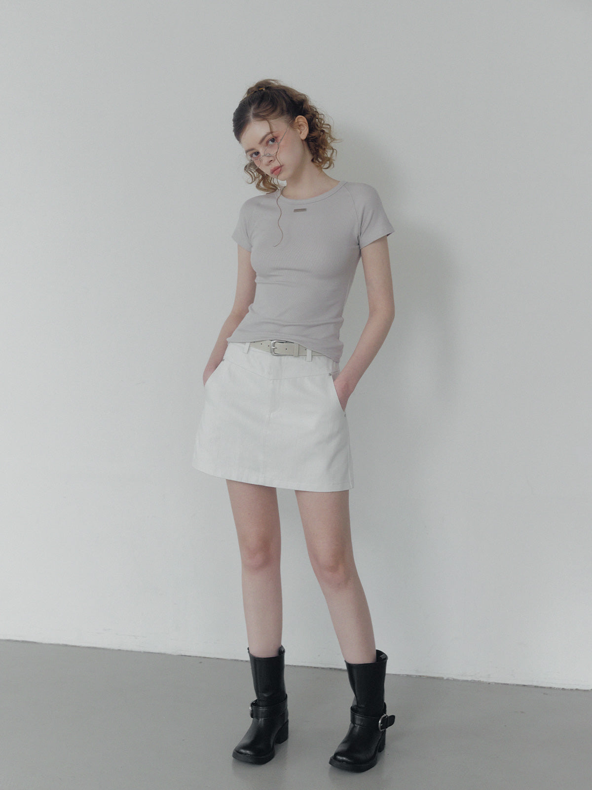Jeden rivet panel cotton mini skirt (belt set)