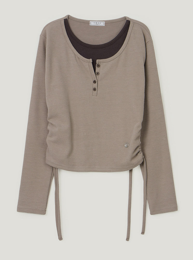 TWEE Epu layered shirring fleece long sleeve T-shirt | Beige product-only view