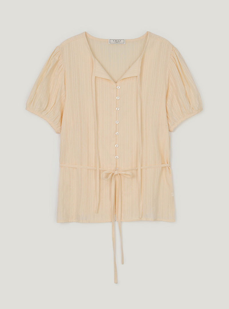 Noa ribbon puff blouse | Beige cutout