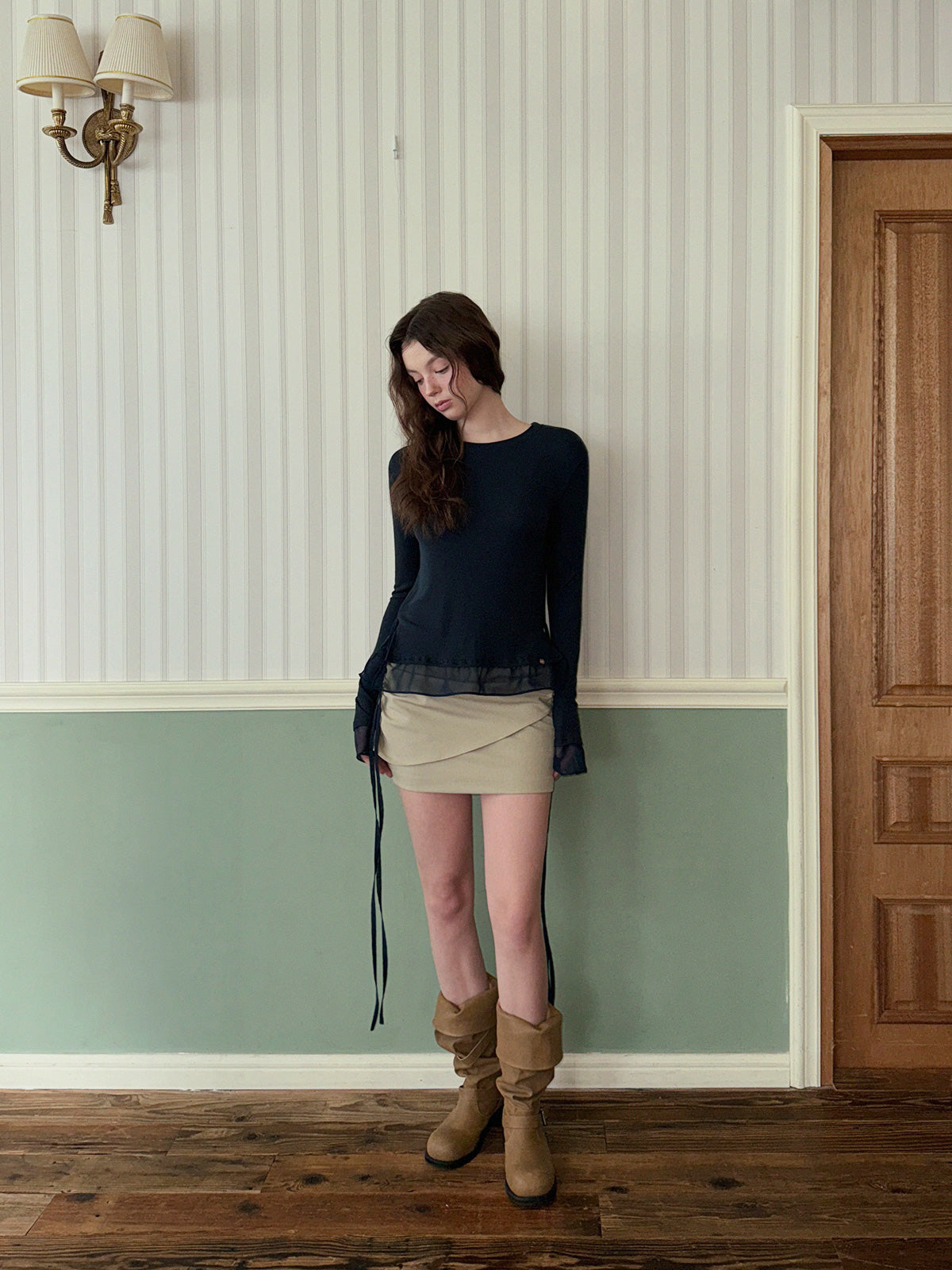 Canvil Sheer Layered Strap Long Sleeve T-Shirt