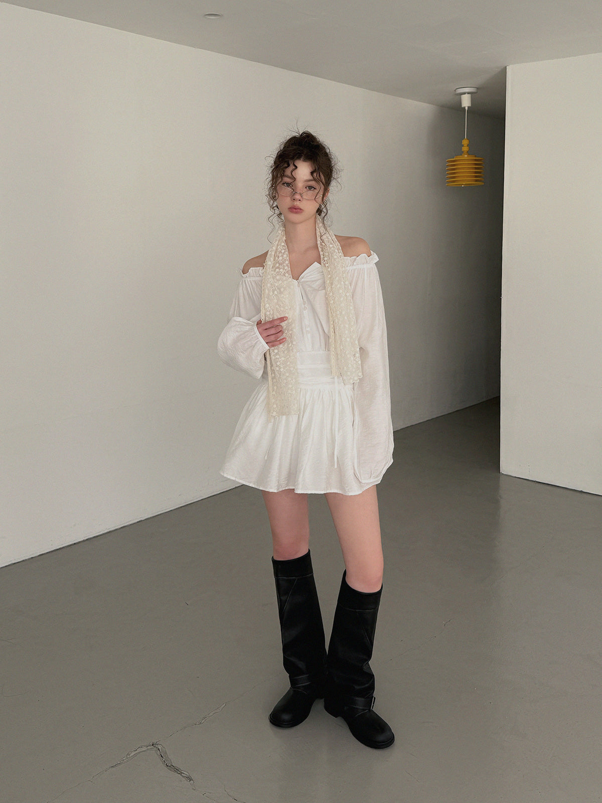 Poet frill shirring long sleeve mini dress
