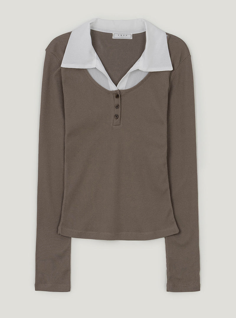 TWEE Keller contrast collar ribbed long sleeve T-shirt | Brown product-only view